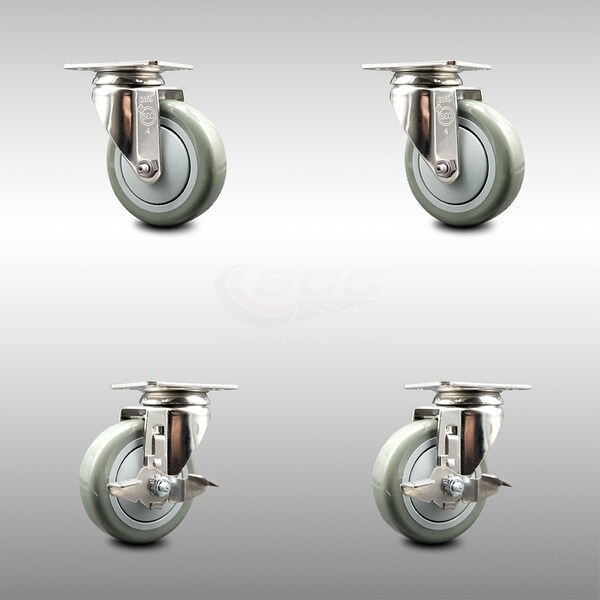 4 Inch 316SS Gray Polyurethane Wheel Swivel Top Plate Caster Brakes SCC, 2PK